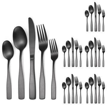 Black Matte Flatware With Square Handle Stainless Steel Cutlery Set for 6 Modern Silverware 30 pieces Knives Forks
