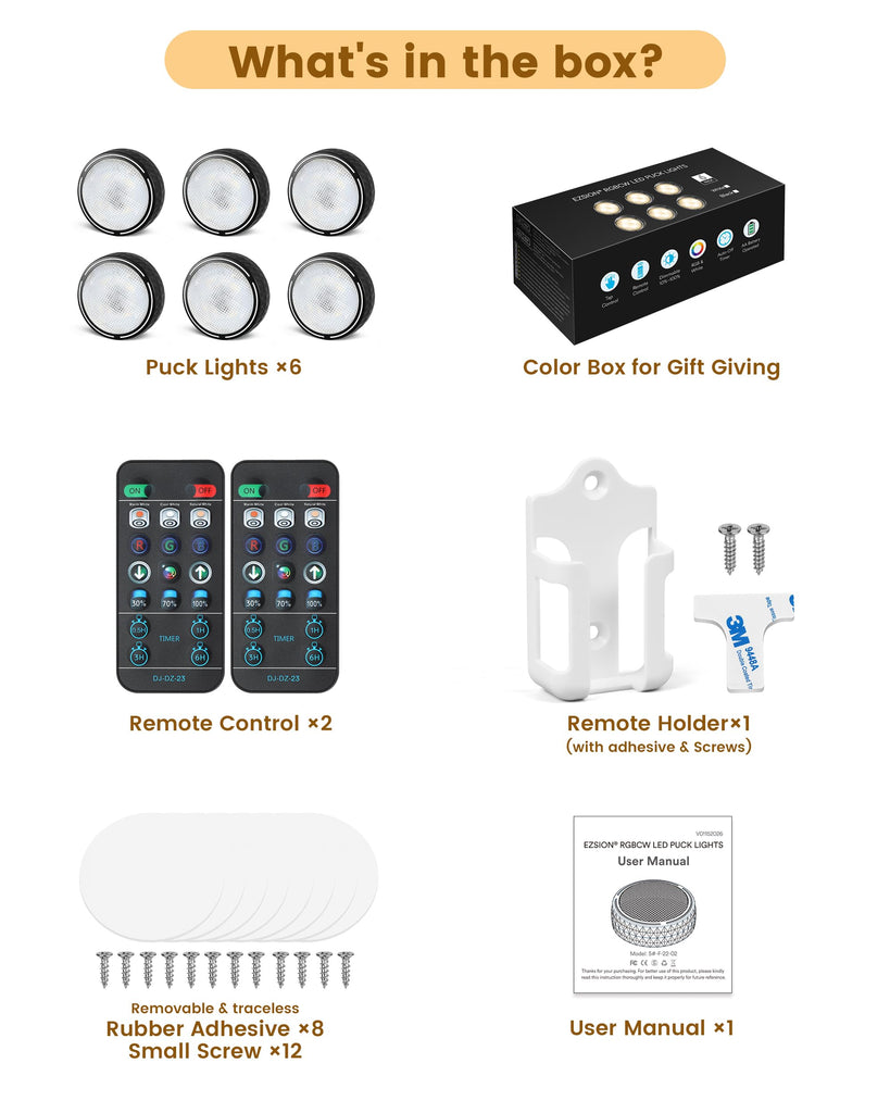 Puck Lights with Remote, 3 White Tones + 13 RGB Colors, 6 Pack-Black