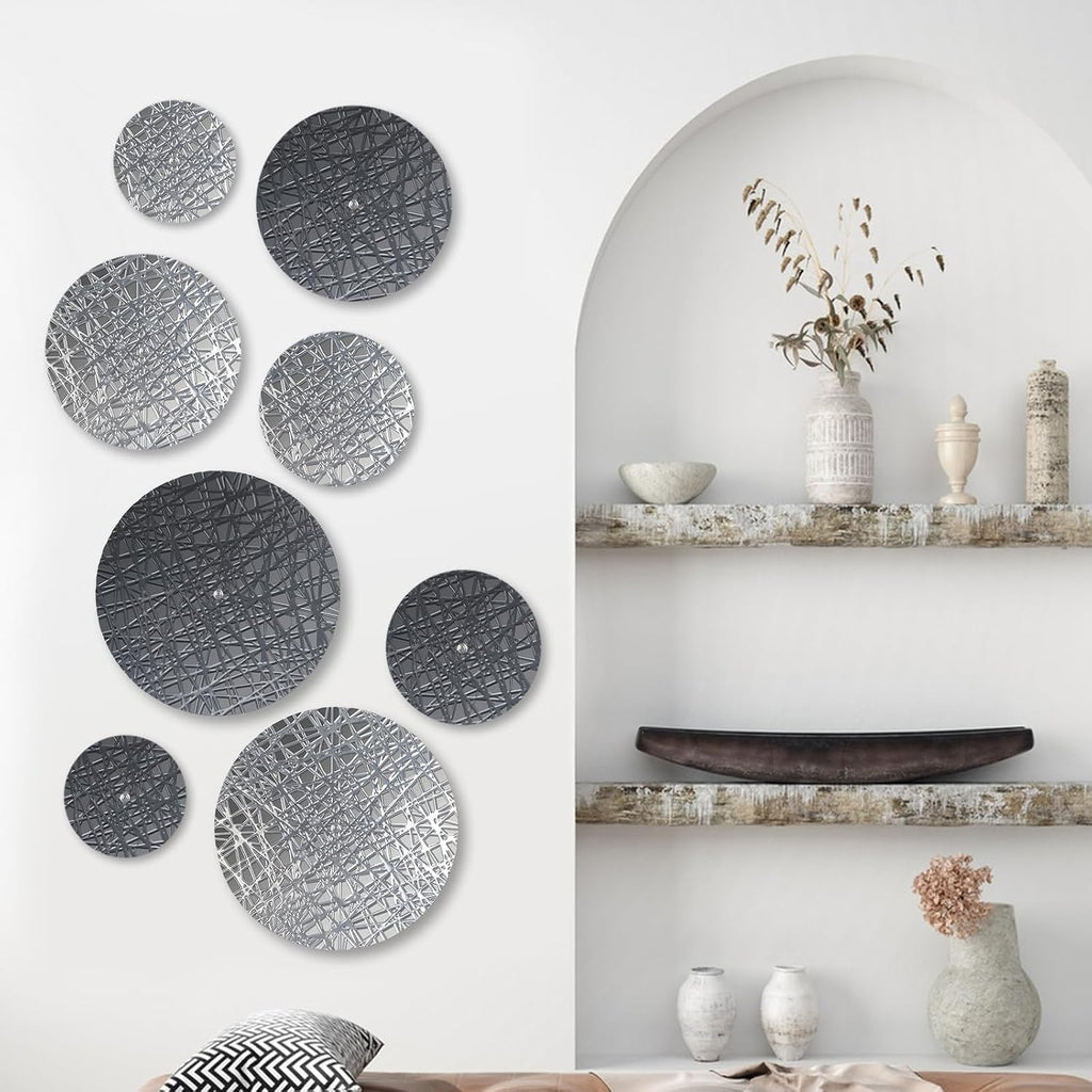 Metal Wall Hanging Sculptures Modern Round Silver Blue Wall Art - Set of 8