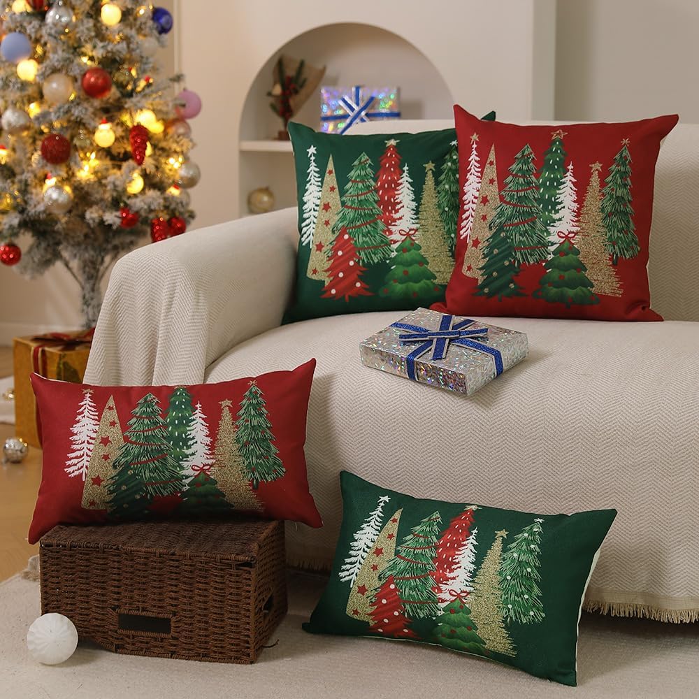 Christmas Pillow Covers 20x20 Inch Xmas Tree Decorative Red Throw Pillows Winter Christmas Decor Couch - Set of 2