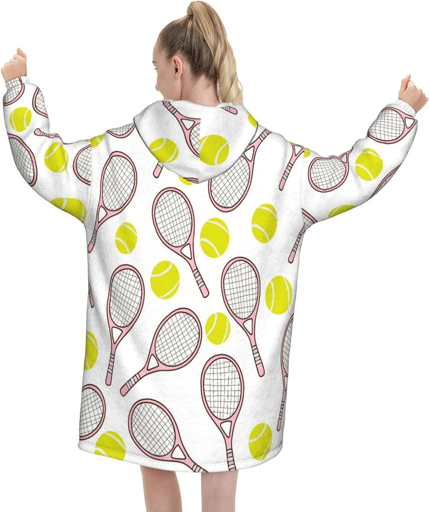 Sports Seamless Pattern With Tennis Ball And Racket Icons In Flat Design Style Adult Flannel Hooded Blanket