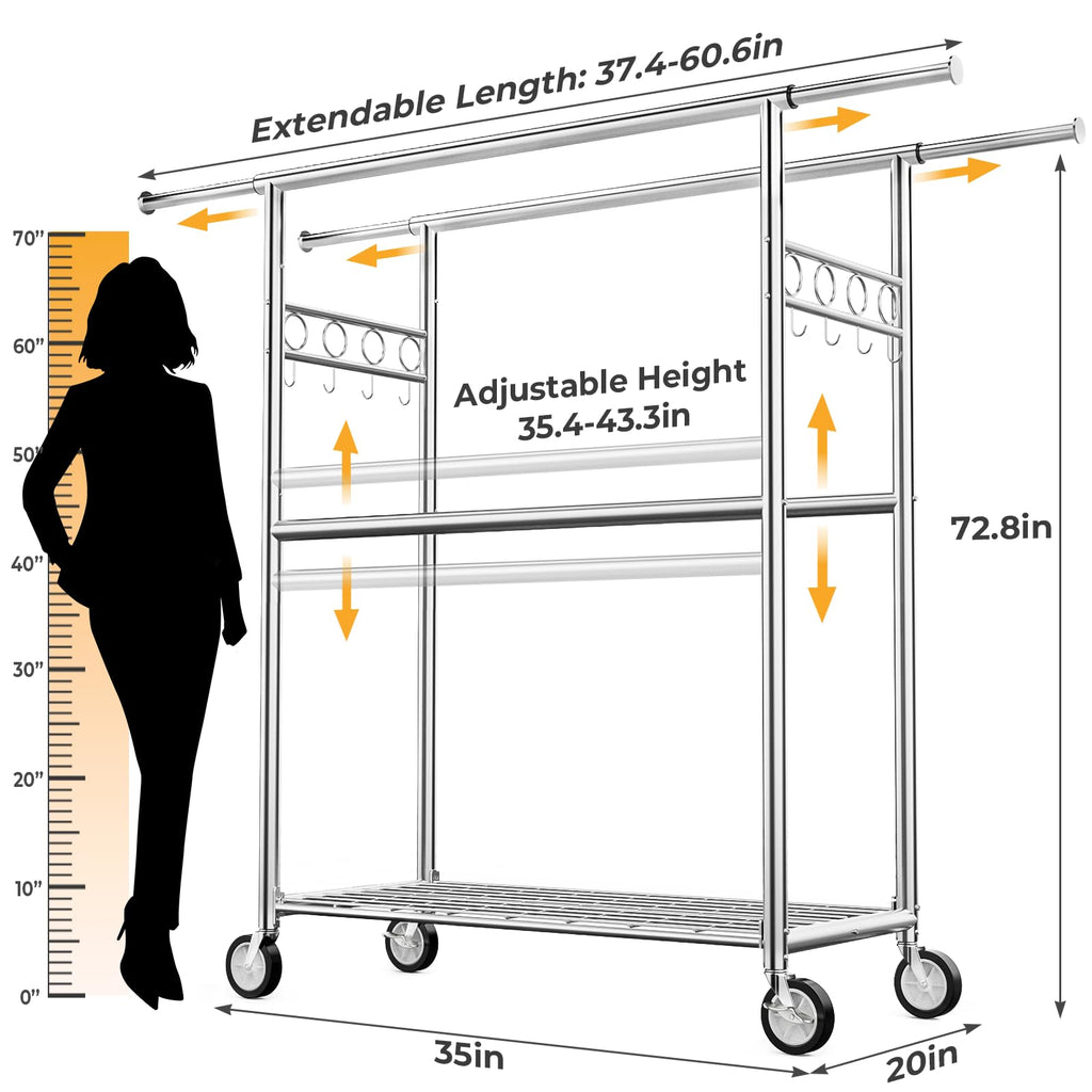 Heavy Duty Clothes Rack Load 1060LBS, Four Rods Rolling Clothing Racks for Hanging Clothes, Rolling Garment Rack With