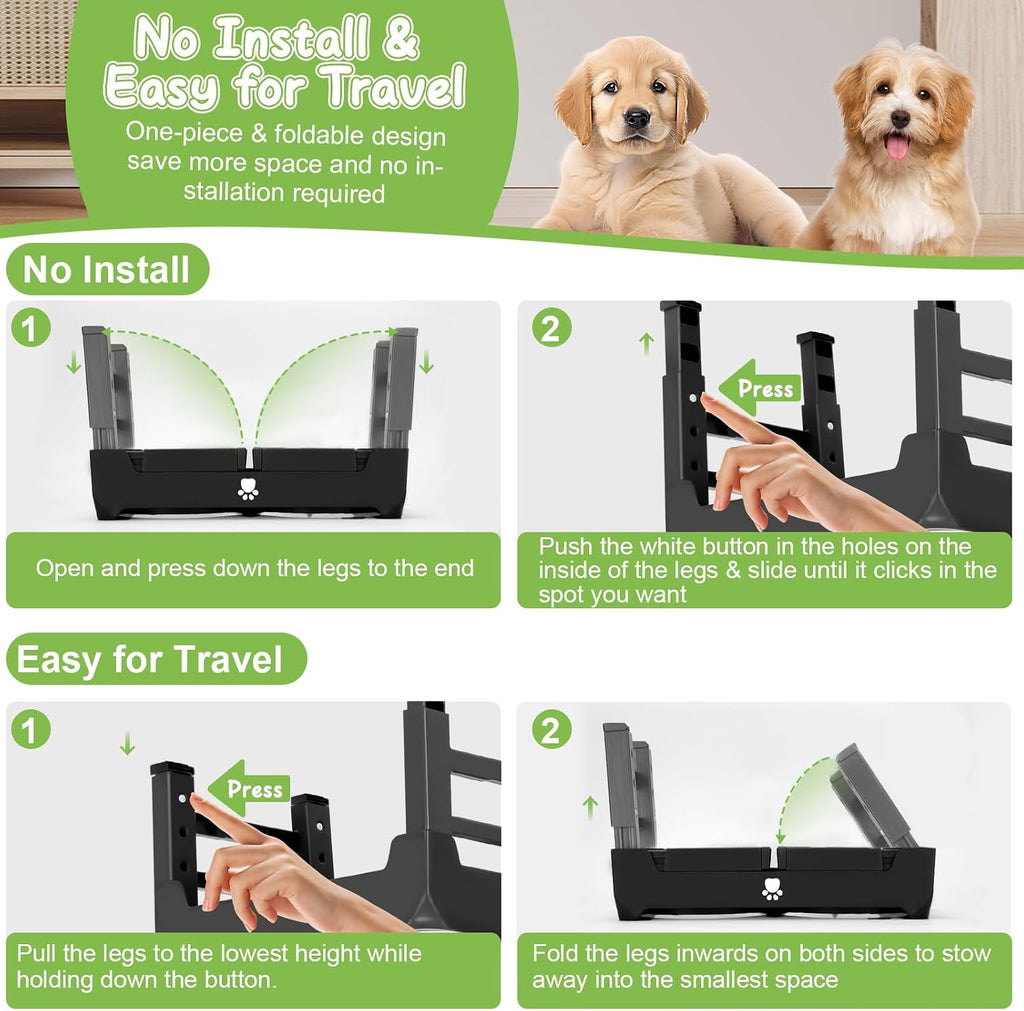 Elevated Bowls with Adjustable Heights - Raised Stand with 2 Stainless Steel Food Bowls, Non-Slip Foldable Feeder
