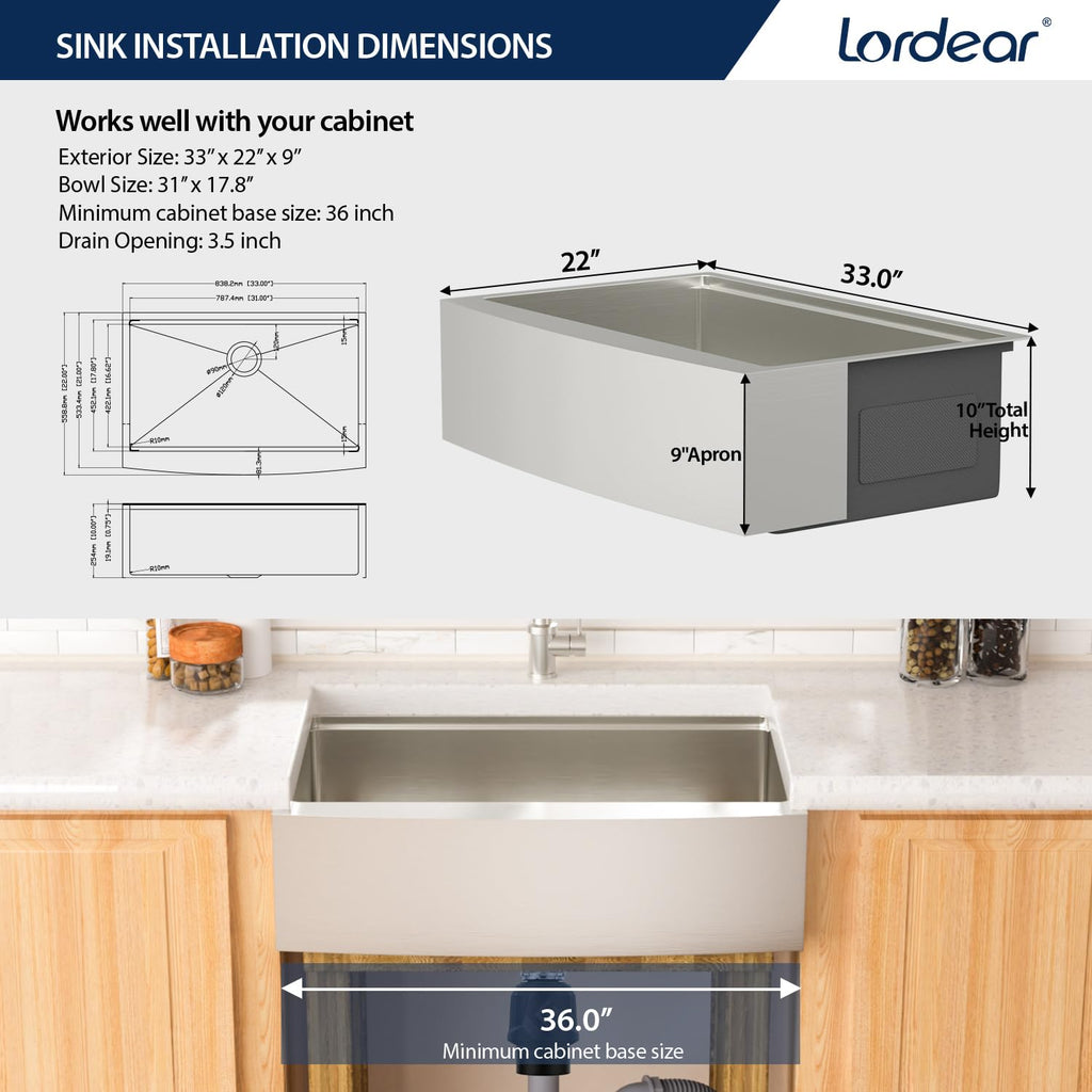 33 Farmhouse Sink Stainless Steel Apron Front Ledge Workstation Deep Single Bowl 16 Gauge Stainless Steel Kitchen