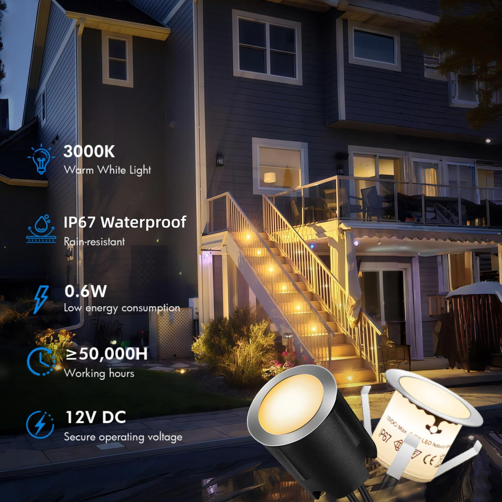 24 Pack LED Recessed Deck Lights with Protecting Shell, IP68 Waterproof Warm White, 0.6W, Outdoor Landscape