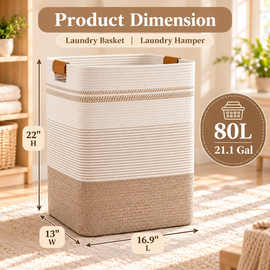 Laundry Hamper, Cotton Rope Laundry Basket with Leather Handles, 21.1-Gallon/80 L Large Clothes Hampers for Laundry