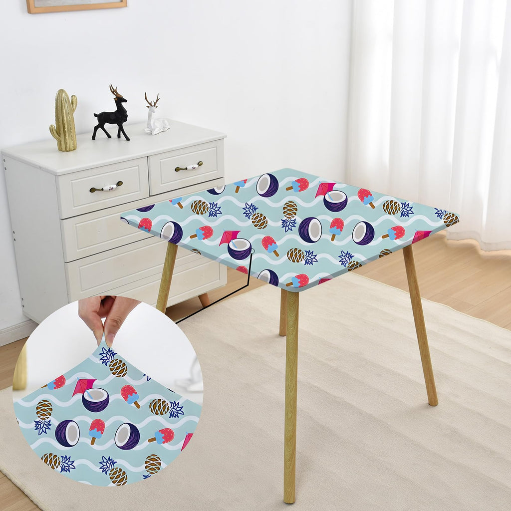 Summer Mint Blue Coconut Pineapple Square Fitted Tablecloth with Elastic 48x48 Inch Outdoor Non Slip Folding Card