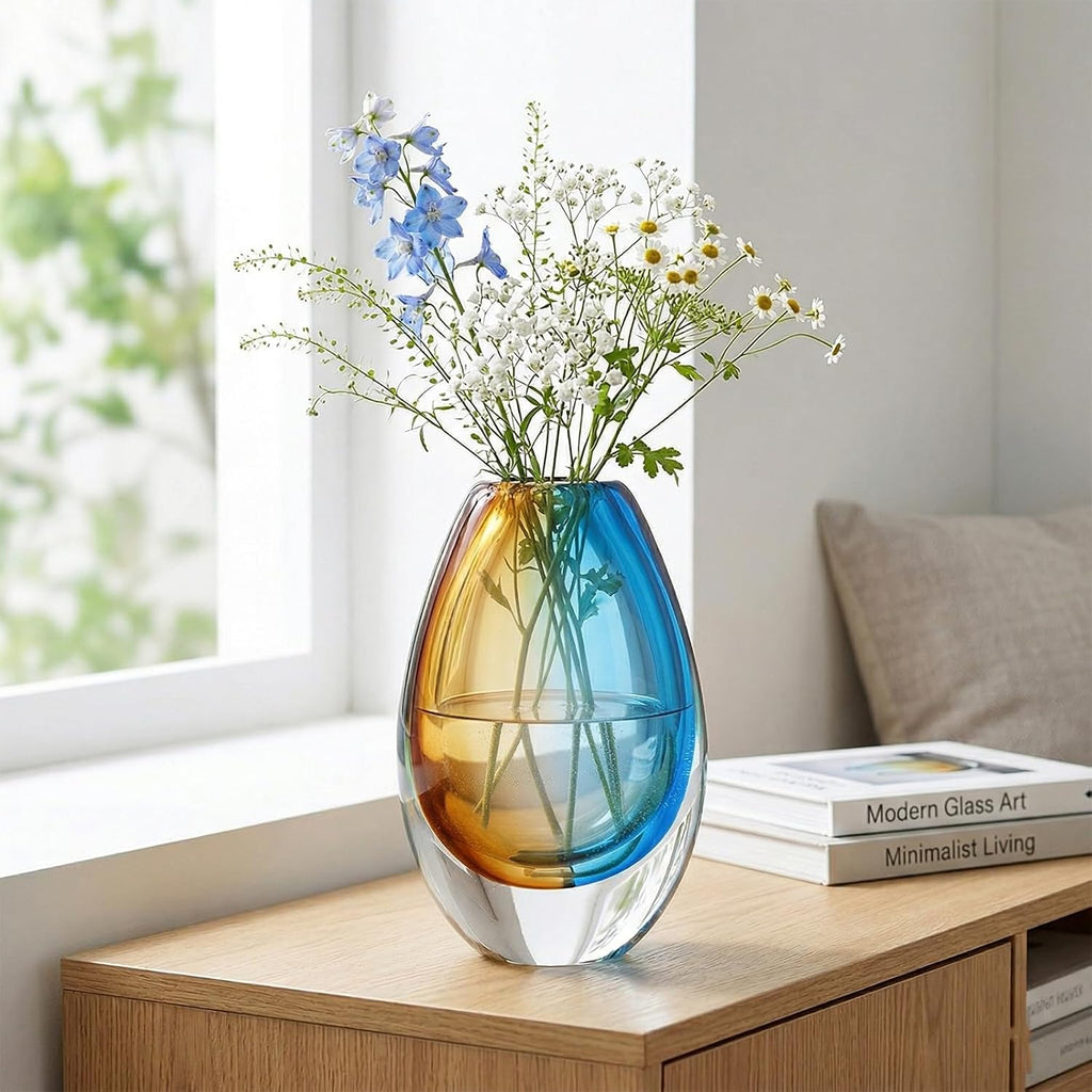 Hand Blown Art Glass Vase, Murano Inspired vase, Amber Blue Decorative Accent with Oval Silhouette for Dining Table