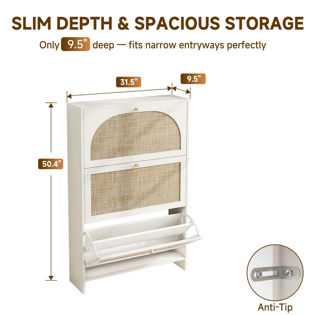 Shoe Cabinet Storage Slim 9.5" Freestanding Floor Base Shoe Storage Cabinet, 3 Flip Drawers with 3-Position