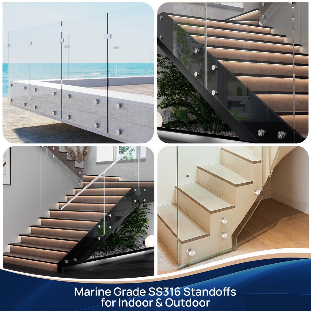 12 Pack Marine-Grade SS316 Solid Heavy Duty Glass Railing Standoff