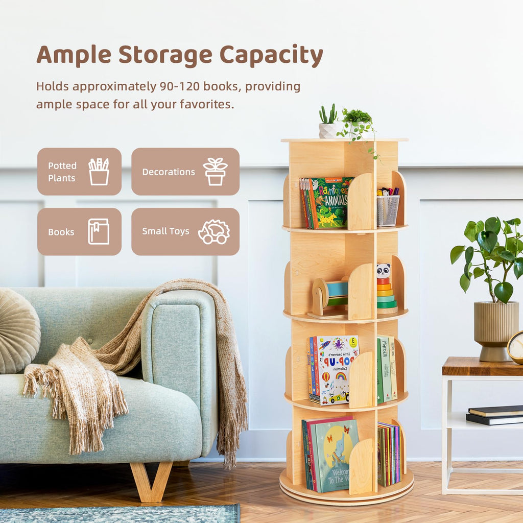 4-Tier Rotating Bookshelf Tower, 360°Display Wooden Spinning Bookcase