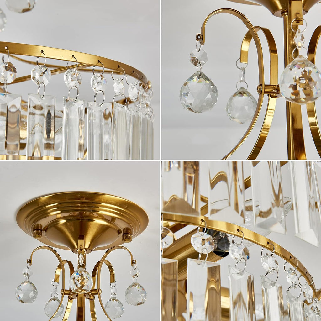5 -Lights Crystal Gold Chandelier Fixture Modern Semi Flush Mount Ceiling Light with E12 Ceiling Lighting for Bedroom