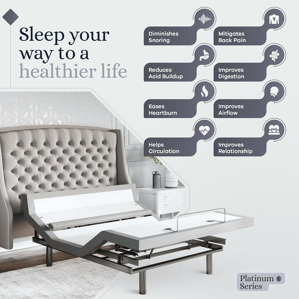 Platinum Adjustable Bed Base Frame Only, Head and Foot Lift, Lumbar Support, Head-Pillow-Tilt, Massage, Under-Bed