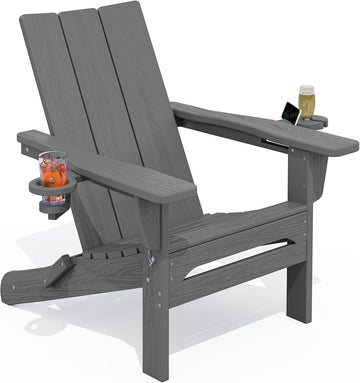 HDPE Modern Folding Adirondack Chair with Dual Cup Holder, Gray | Outdoor All-Weather Lawn Adirondack Chairs Wood