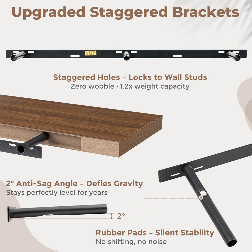 55 Inch Floating Shelves for Wall Set of 2, 6.5" D Wood Gra Shelves with Invisible Brackets, Easy Install Engineered