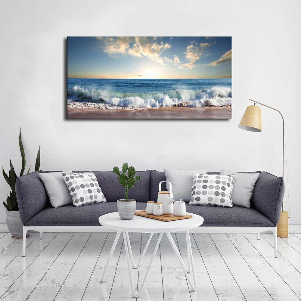 Beach Sunset Canvas Wall Art Blue Ocean Wave Nature Prints, 24"x48"