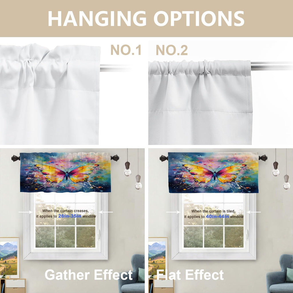 Butterfly Colors Blackout Kitchen Curtain, Colorful Butterfly in Flight Window Treatment Rod Pocket Light Filtering