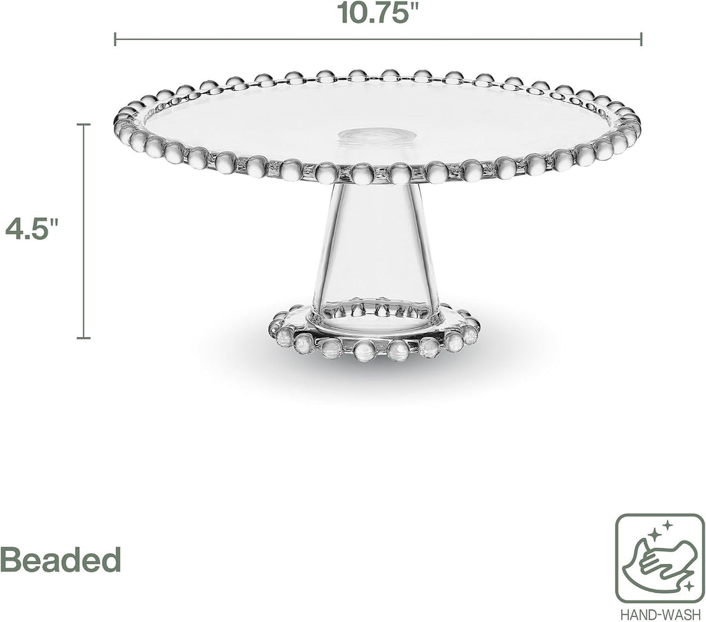 Beaded Large Glass Cake Stand, 10.75 Inch Clear Glass Pedestal Cake Stand for Desserts, Appetizers, and Entertaining