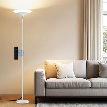 White Torchiere Floor Lamp - 30W Dimmable LED Standing Lamp with Remote/Button Control, 1800Lm - 72in