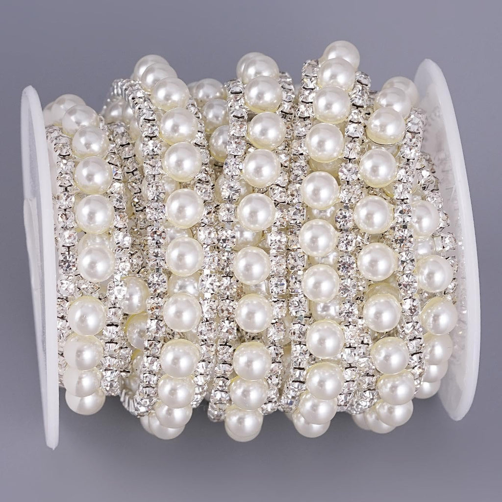 2 Rows Rhinestone Trim, Crystal Chain Inlaid White Pearl Beaded - 2 Yard