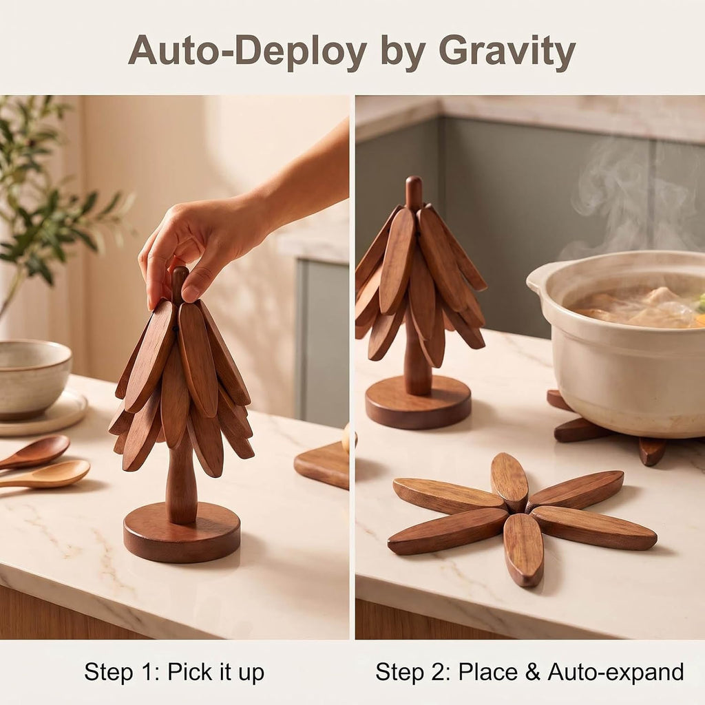 Wooden Trivets for Hot Dishes, 3 Wooden Tree-Trivet Set, Wood Coasters Like Christmas-Tree - Set of 4