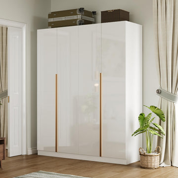63" W Wardrobe Closet Armoire with 4 Glossy Doors, Wooden Bedroom Clothing Storage Cabinet with 3 Hanging Rods & 10