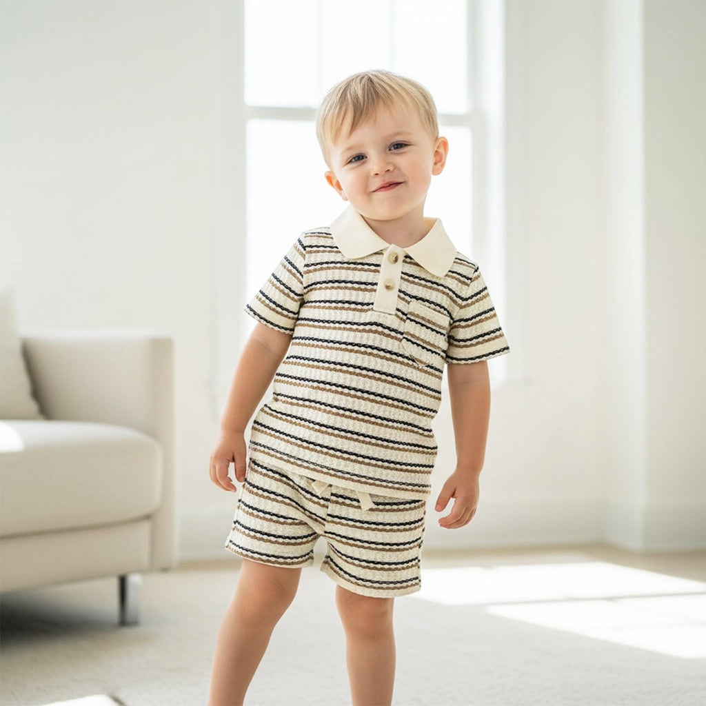 Boy Clothes Baby Striped Collared Shirt Shorts Beige Set