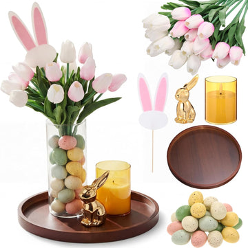 Spring Easter Centerpiece Table Decorations Pastel Eggs Artificial Tulips Bunny Statue Wooden Round Tray LED Candle - Set of 50