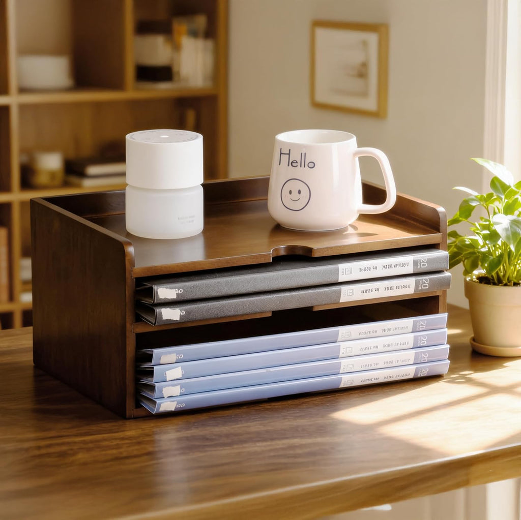 Wooden Desk Organizer with File Sorter, Stackable Paper Tray & Mail Holder | Solid Wood, No Assembly | 2-in-1 Tray &