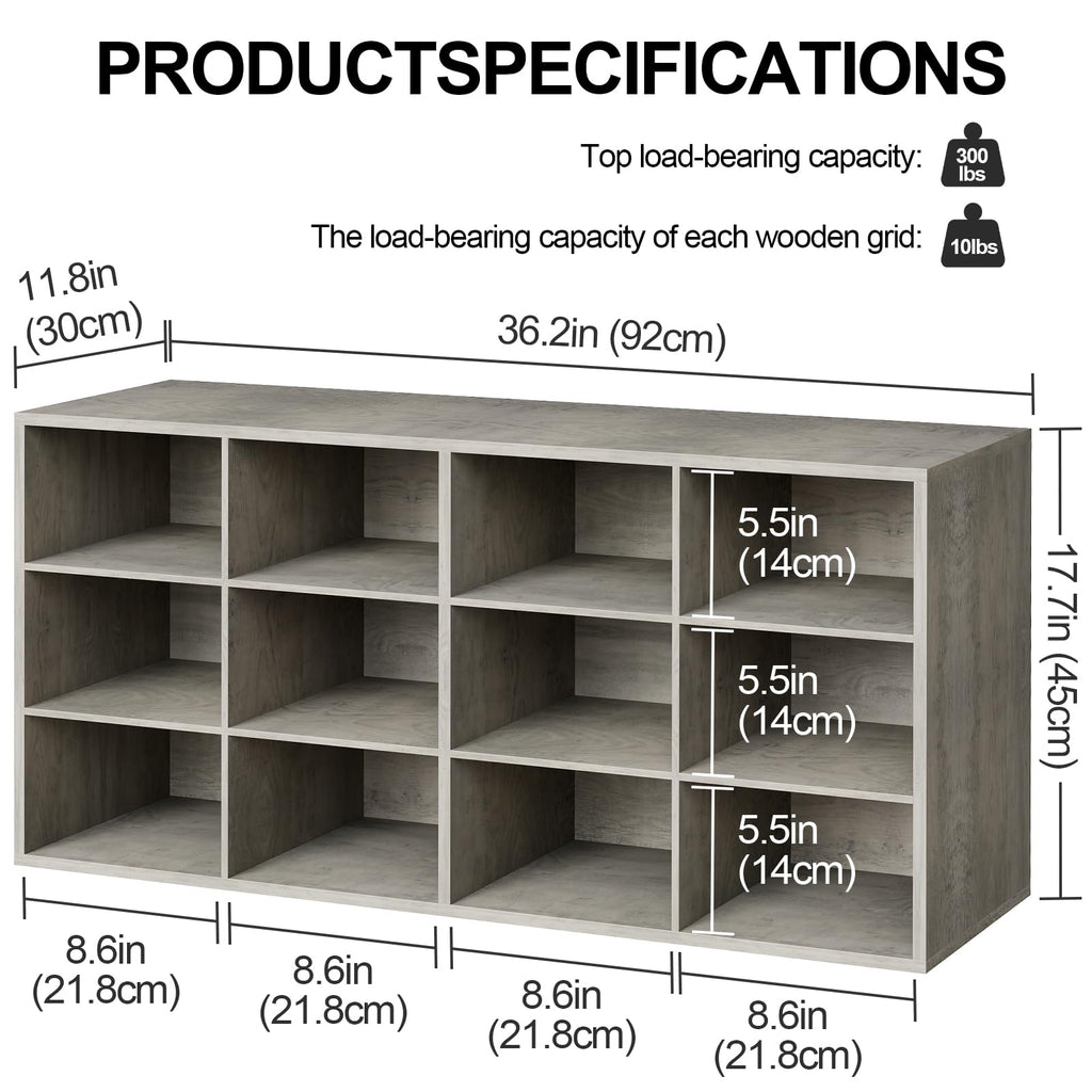 Shoe Storage Bench, Cubby Shoe Rack with 12 Cubbies, 3-Tier Wood Shoe Rack Organizer, Shoe Organizer Cabinet, Closet