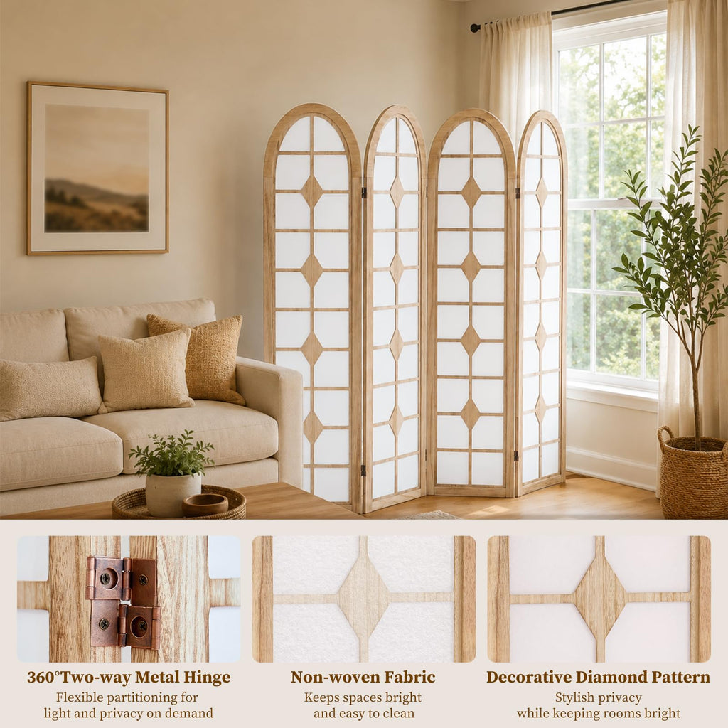 4 Panel Room Divider, Folding Shoji Screen, Natural
