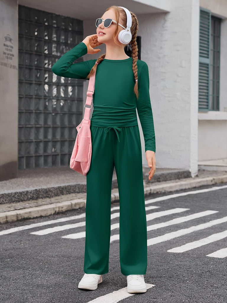 Girls 2 Piece Outfits Long Sleeve Tops and Wide Leg Pants Sets