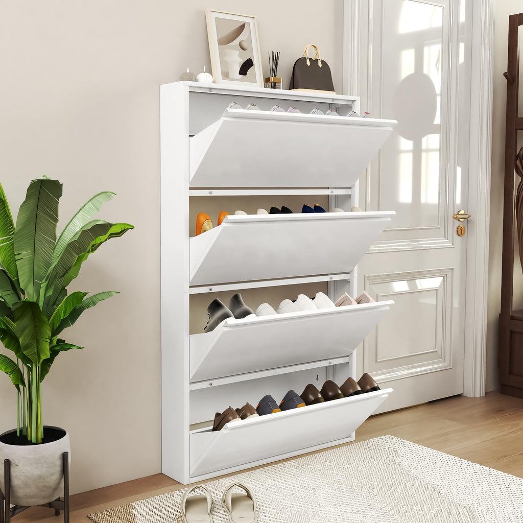 Shoe Cabinet with 4 Flip Drawers, Metal Wall Shoe Storage Cabinet, Slim Shoe Cabinet, White