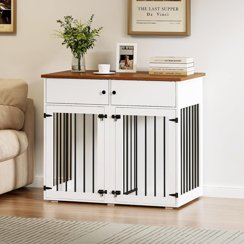 Dog Crate Furniture for 2 Dogs, 41 Inch Double Dog Cage, White