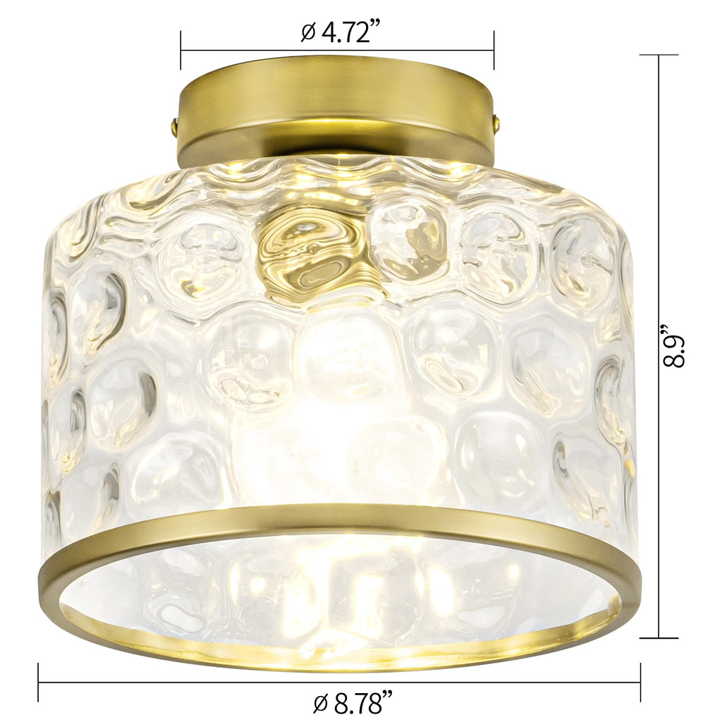 Gold Flush Mount Ceiling Light with Clear Hammered Glass lampshade, Farmhouse Ceiling Lights Fixture in Satin Brass