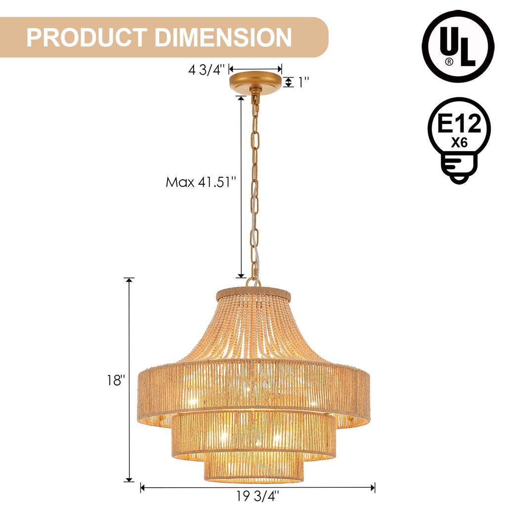 Wood Beaded Rattan Chandelier Boho Hand 6-Lights Adjustable Coastal Pendant Lighting Fixtures for Dining Living Room