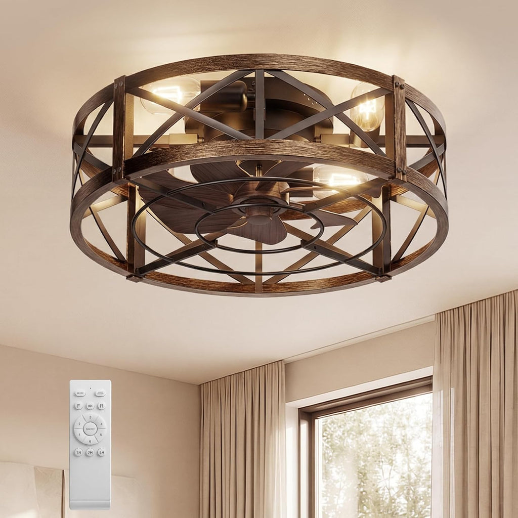 Caged Ceiling Fan with Light and Remote, 20" Low Profile Flush Mount Ceiling Fans with Light, 6 Speed, Timing