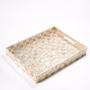 15.8" x 11.8" Rectangle Serving Tray with Handles, Capiz Shells Checkered Rectangular Tray for Ottoman Table, Mother
