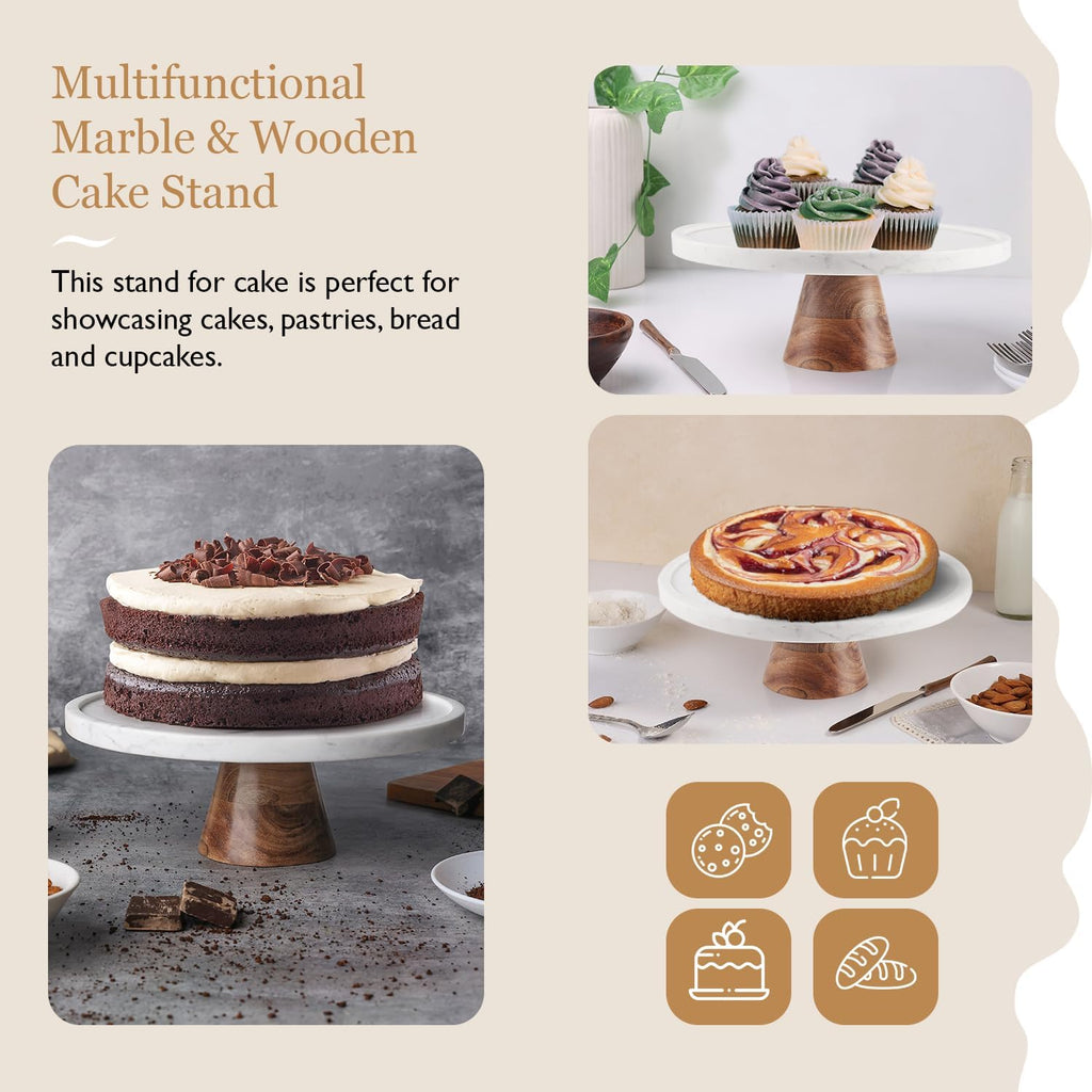 Marble & Acacia Wood Cake Stand - 11 Inch Round Cake Display for Weddings, Birthdays & Parties - Dessert Stand