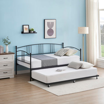 Twin Metal Daybed with Trundle, Pullout Trundle Bed Frame with Arched Headboard, Guest Sofa Bed with Steel Slat