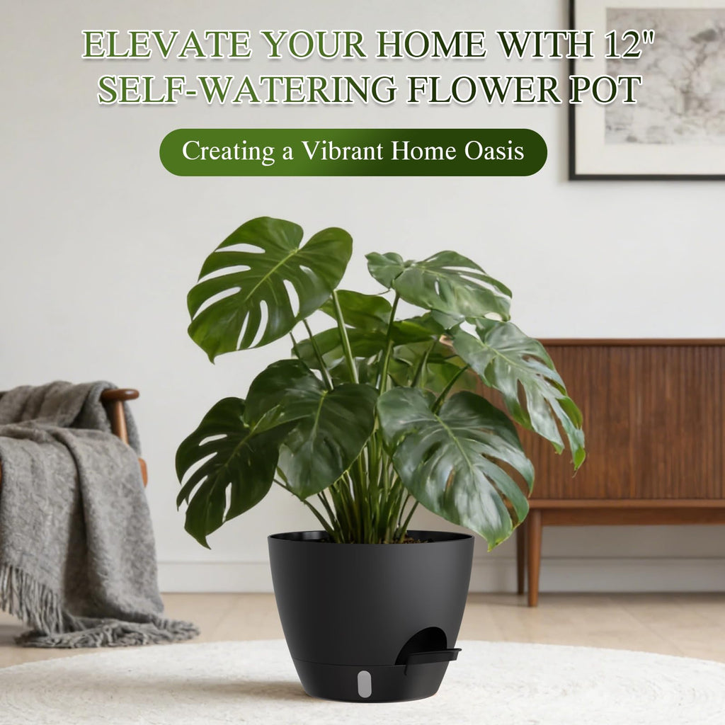 Self Watering Pots with Drainage Holes, 3 Pack 12/10/8 Inch Plant Pots with Water Level Indicator Deep Reservoir