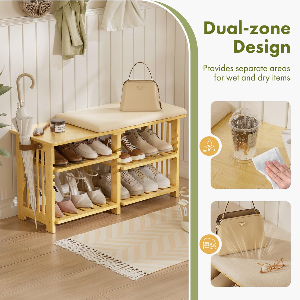Bamboo Shoe Rack Bench, 3-Tier Shoe Bench Height Adjustable, Entry Bench with Side Storage Strap, Shoes Organizer