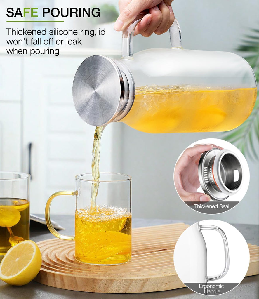 LUNA&MANTHA Glass Pitcher, 2 Liter 68oz Water Pitcher with Lid and Spout, Large Ice Tea Jug for Fridge, Thick Drink