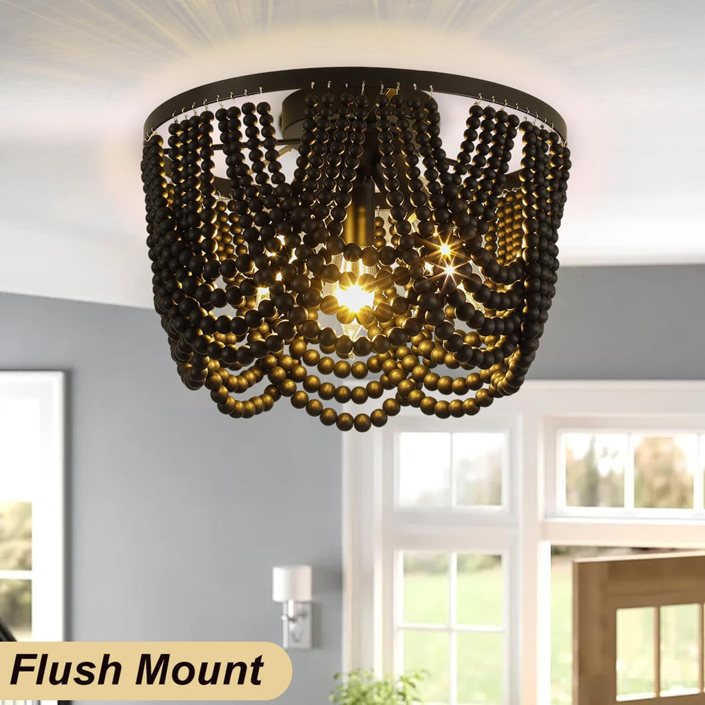 Black Boho Chandelier, Wood Beaded Chandelier Light Fixture, 12.6 inch Bohemia Draped Bead Flush Mount/Semi Flush