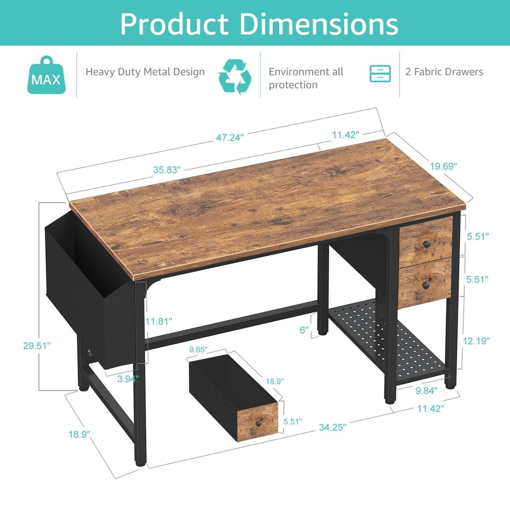 Computer Desk with Fabric Drawers, 47 Inch Desk for Small Space Home Office, Modern Simple Study Writing Table PC