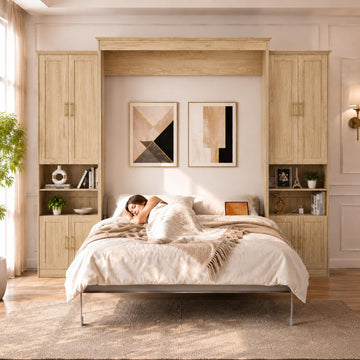 Queen Murphy Bed with 2 Side Cabinets, USB Port, Natural Wood Color