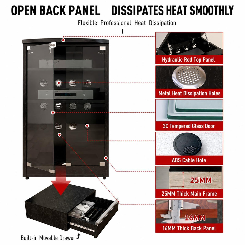 Audio Equipment Rack Cabinet HiFi Amplifier Cabinet with Drawer, Glass Door