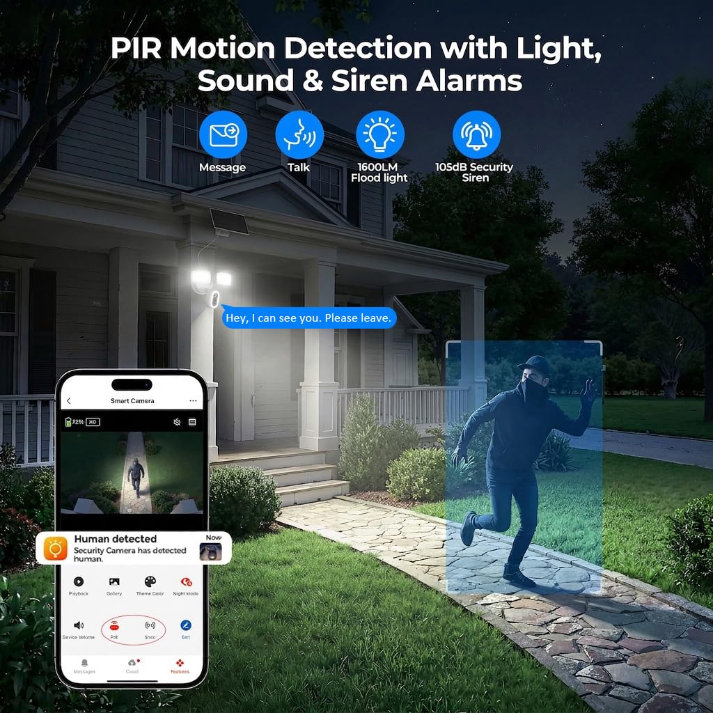 Solar Flood Light Camera, 2K Wireless Outdoor Floodlight Security Cam, Motion Detection, Color Night Vision, 2.4GHz