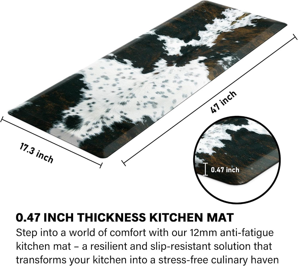 Cowhide Kitchen Mat Cushioned Anti Fatigue, 17.3x47 | 4/5 Inch Thick, Western Cow, Bevel Edge, Non Slip PVC