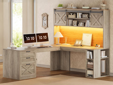 67" Farmhouse L Shaped Desk with Hutch, Grey